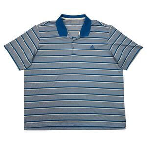 Adidas Polo Shirt Mens 2XL Blue White Striped Moisture Wick Performance Golf